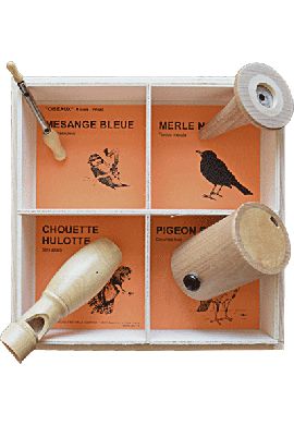 Coffret bois 4 appeaux - Merle-Hulotte-Mésange bleue-Pigeon