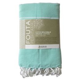 Fouta en coton biologique Blanc et Menthe 100 x 200cm