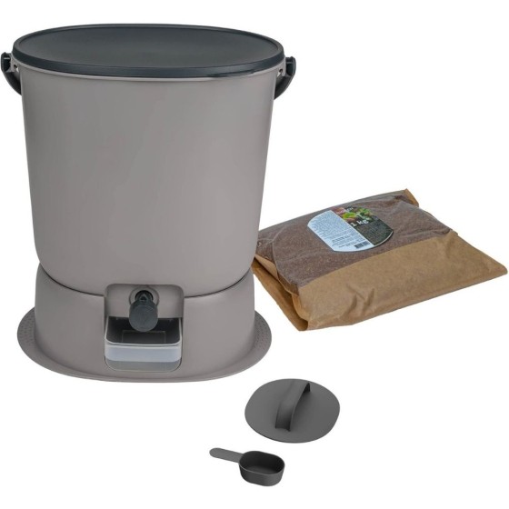 Composteur Bokashi Essential + base – 15,3 L – Gris clair – Activateur inclus