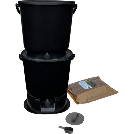 Lot de 2 composteurs Bokashi Essential + base – 15,3 L – Gris foncé – Activateur
