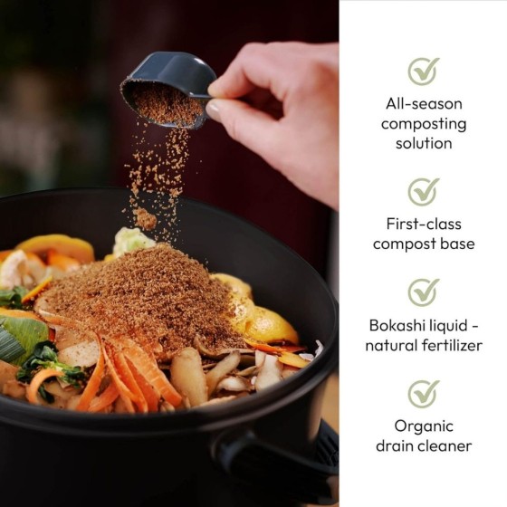 Lot de 2 composteurs Bokashi Essential + base – 15,3 L – Gris foncé – Activateur