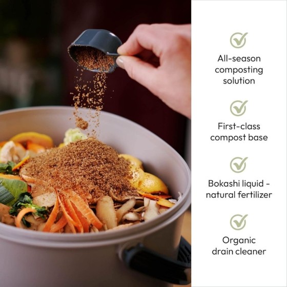 Lot de 2 composteurs Bokashi Essential + base – 15,3 L – Gris clair – Activateur