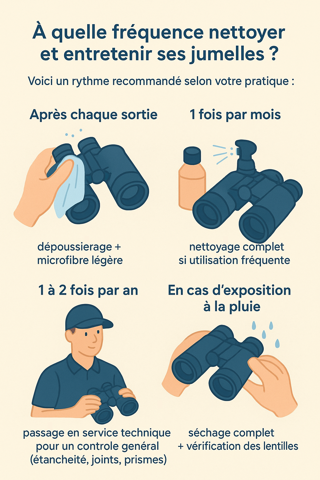 Schema pour apprendre a nettoyer et entretenir ses jumelles