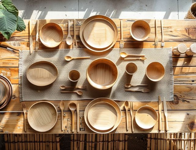 Table avec vaiselle en palmier